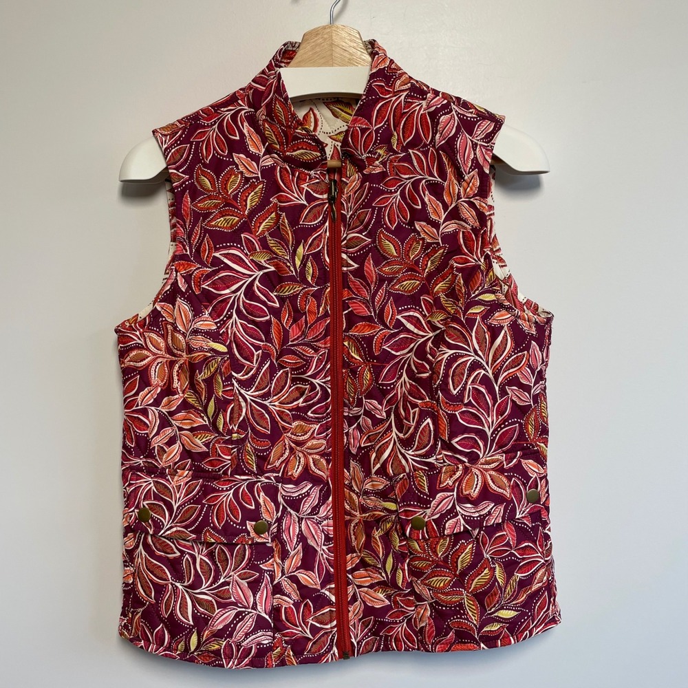 Appleseed's Reversible Quilted Vest Womens Petite S Burgundy White Leaf Print